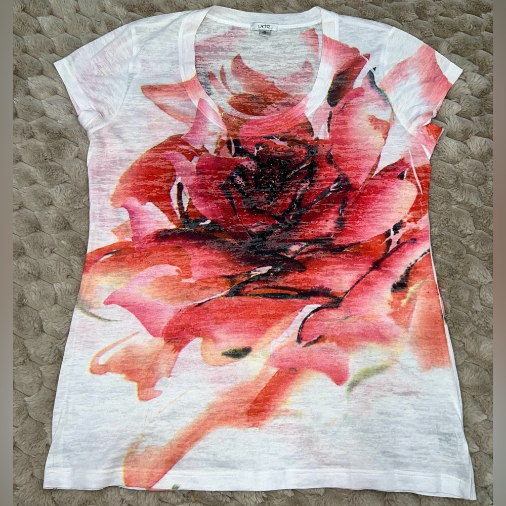 Cache Vintage Rose Graphic Tee XL Embellished Rhinestone Sheer Top Y2K